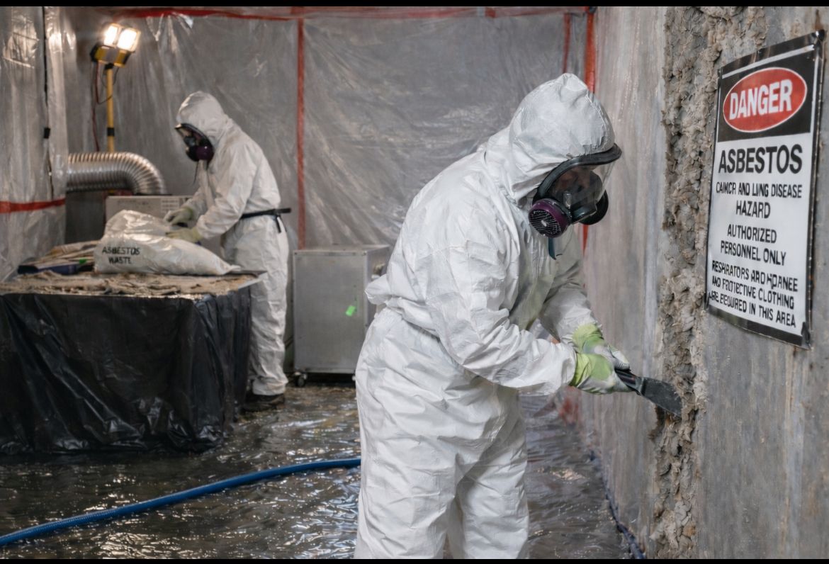 Workers in full hazmat suits performing asbestos abatement